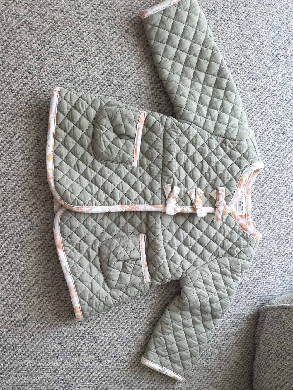 Quilted Sage Green Baby Jacket with Floral Trim